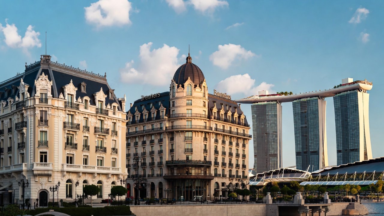Domed stone hotels along a waterfront promenade, with three modern towers joined at the top in the background