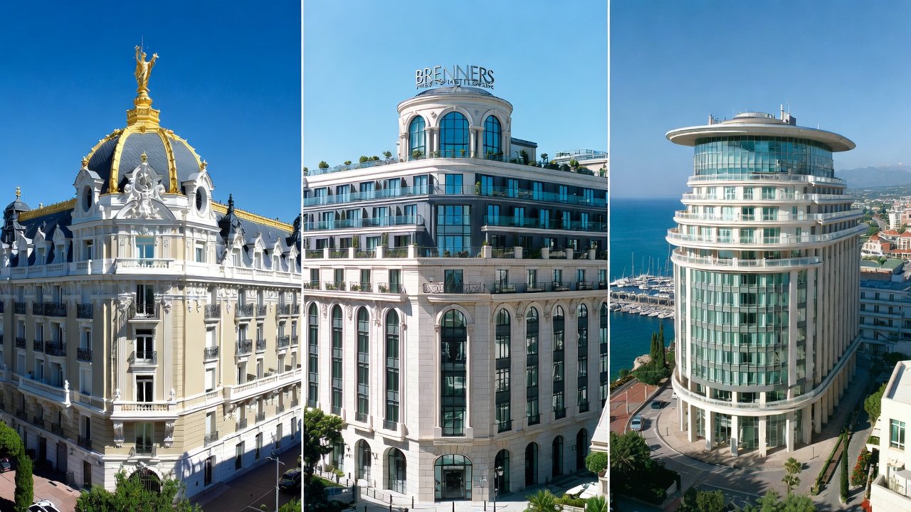 Three hotel buildings side by side: a palace with a gilded dome, a city hotel with a glass rotunda and a curved tower above a marina