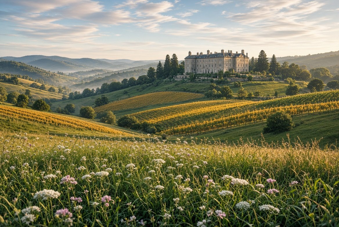 Rows of vines turning gold across rolling hills, with a large stone country house on the ridge