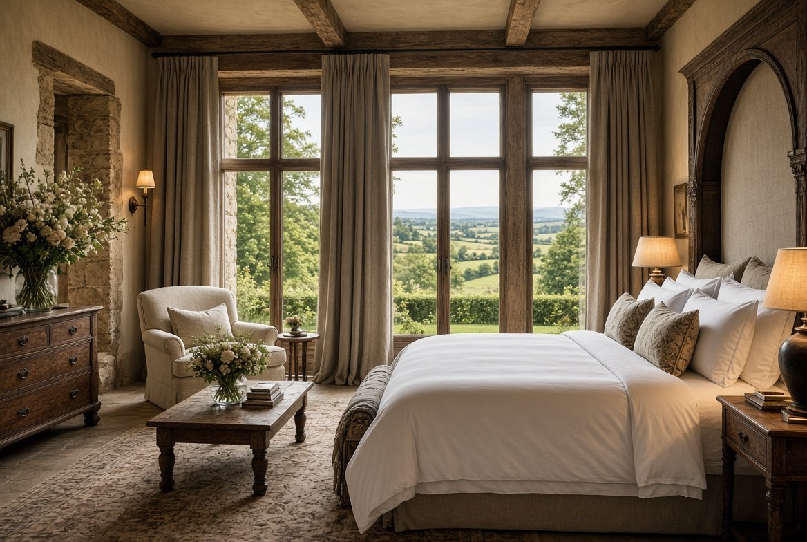 Mezzanine Loft: exposed timber beams over a king bed, linen curtains and a wide window on farmland